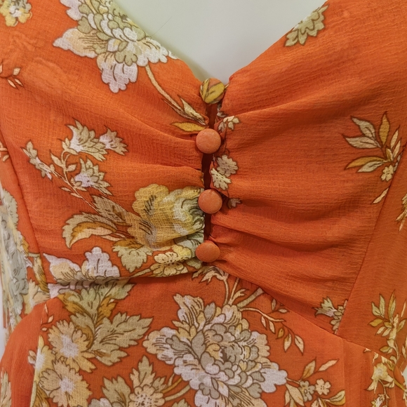 Urban Outfitters Orange/Yellow MultiColor Floral Strappy Ruffle Maxi Dress,Large - Picture 7 of 16